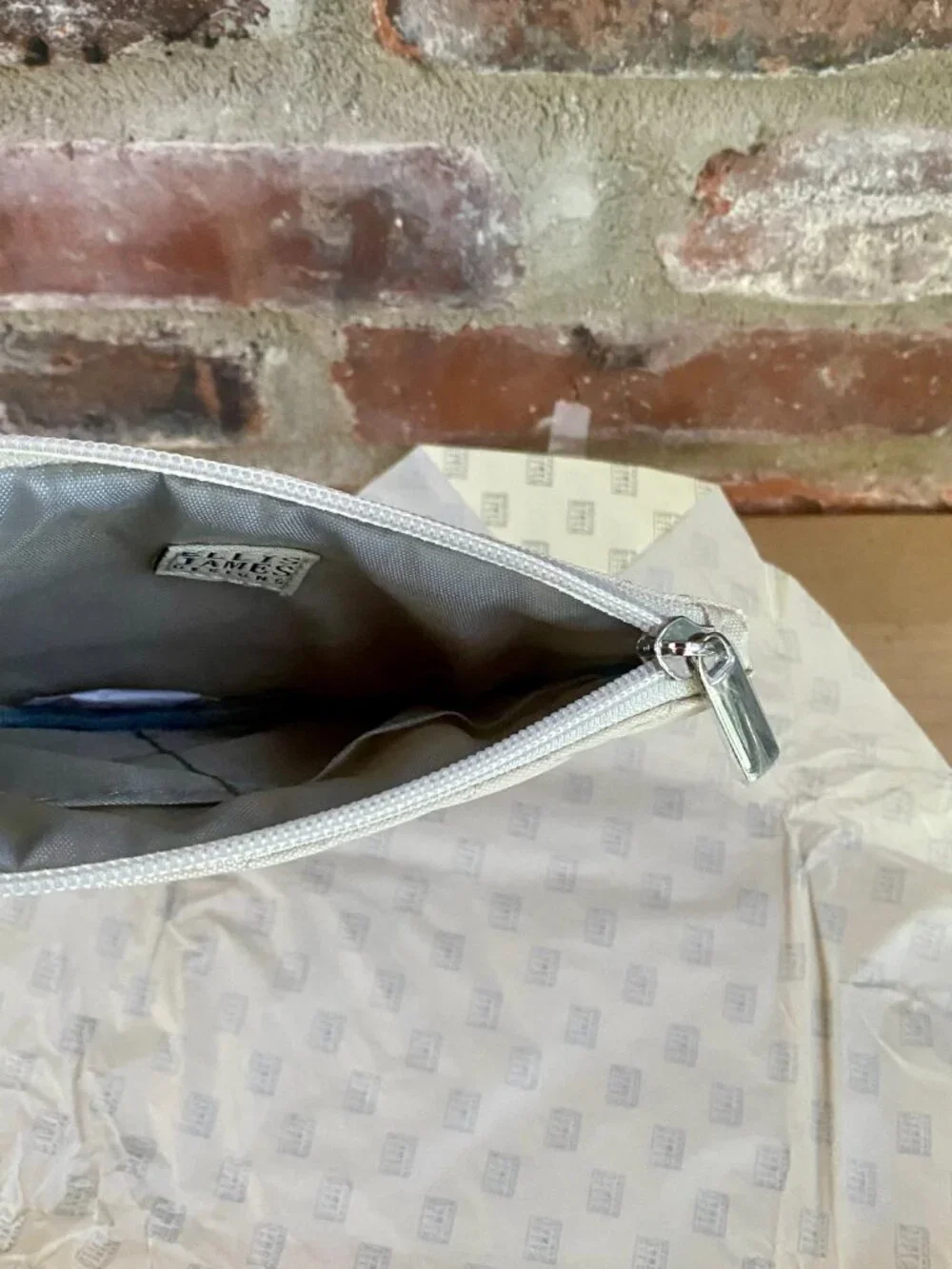 Ellis James Design: Makeup Pouch, Ivory, Quilted, Silver Hardware, New in Box.